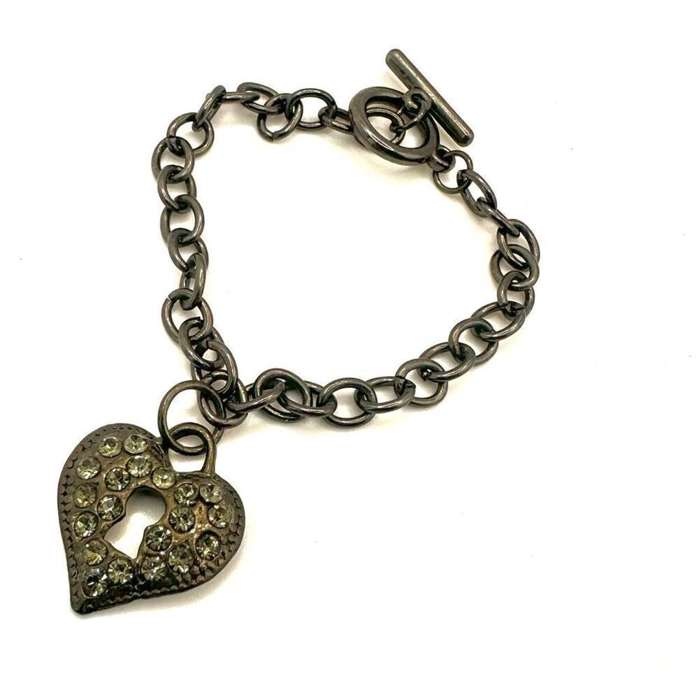 Grey rhinestone heart charm bracelet